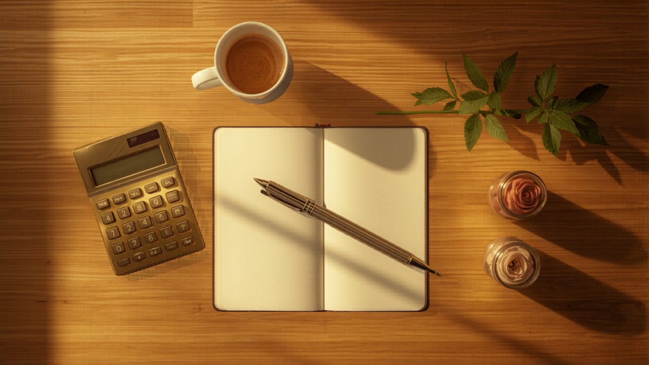 Spreadsheet pages, calculator and pen on a clean wooden desk