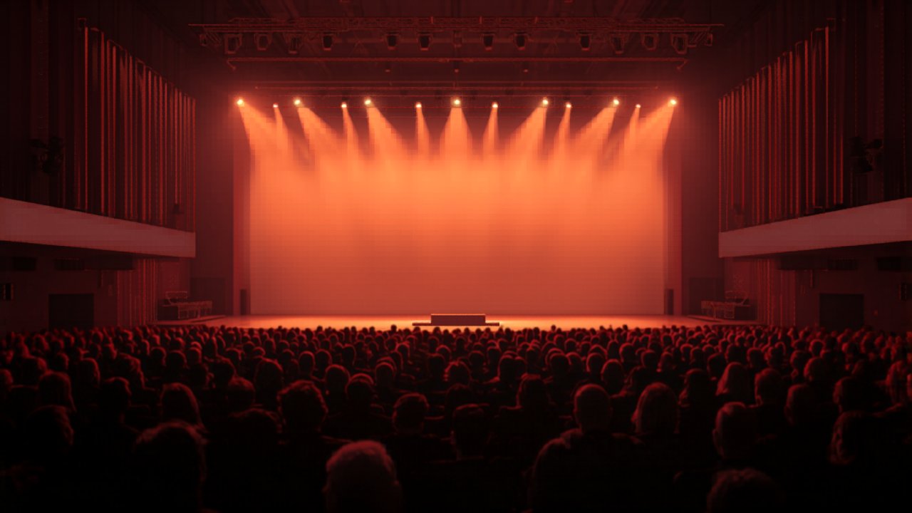 Modern conference stage with warm lighting and an attentive audience