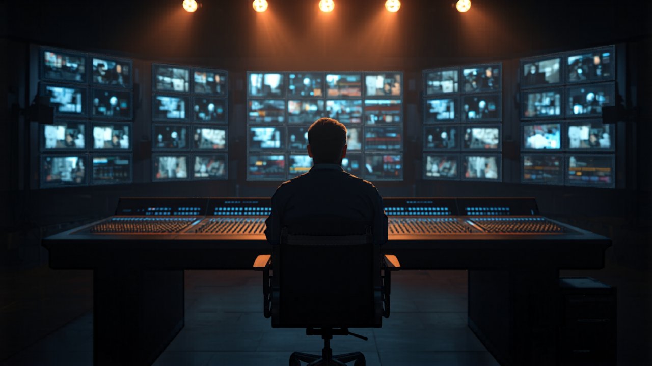 Conference stage with cameras, screens, and a livestream control desk