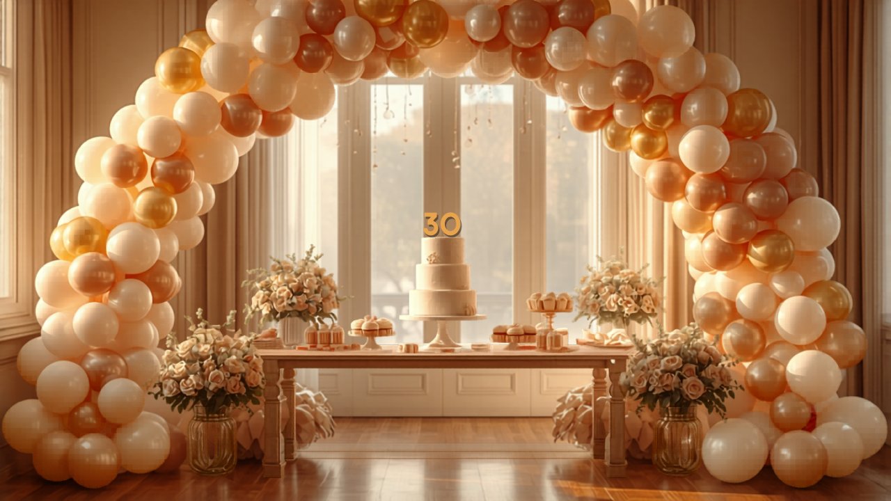 Birthday balloon arch and dessert table in warm lighting