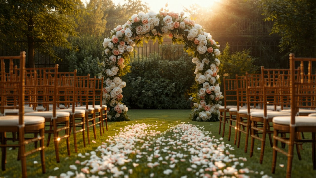 An elegant outdoor wedding setup at sunset with floral arch and seating